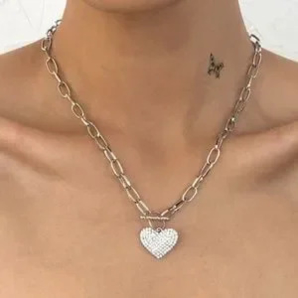 Rhinestone heart Chain Toggle Vday Valentines Day Necklace - Picture 2 of 5